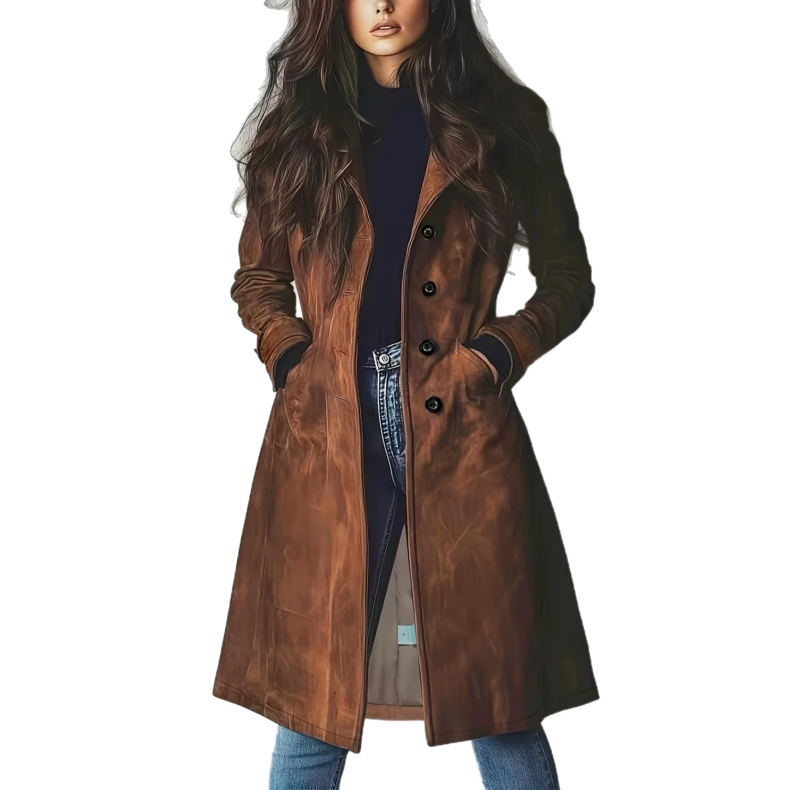 Amazon Cross-border European And American Long-style Lapel Buttoned Waist-cinching Women's Coat - Image 5