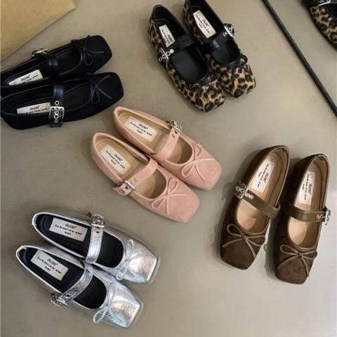 Women's Flat Bow Ballet Silver Belt Buckle Shoes
