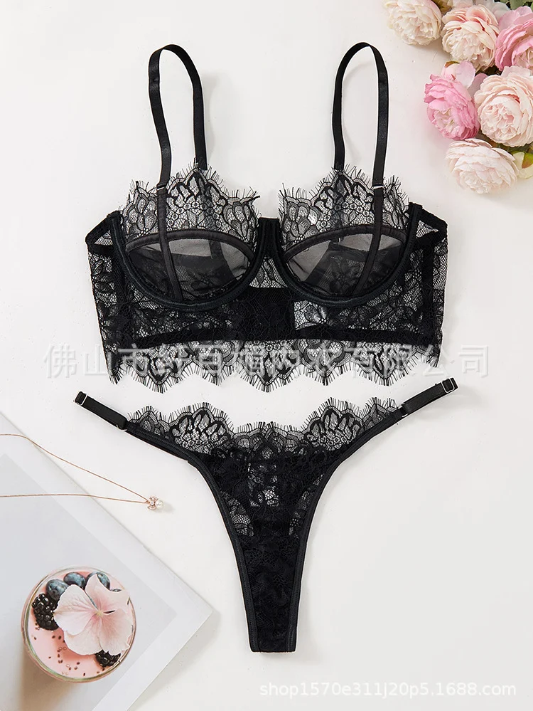 Women's Black Mesh Bra Anti-sagging Lace Sexy Lingerie Set - Image 2