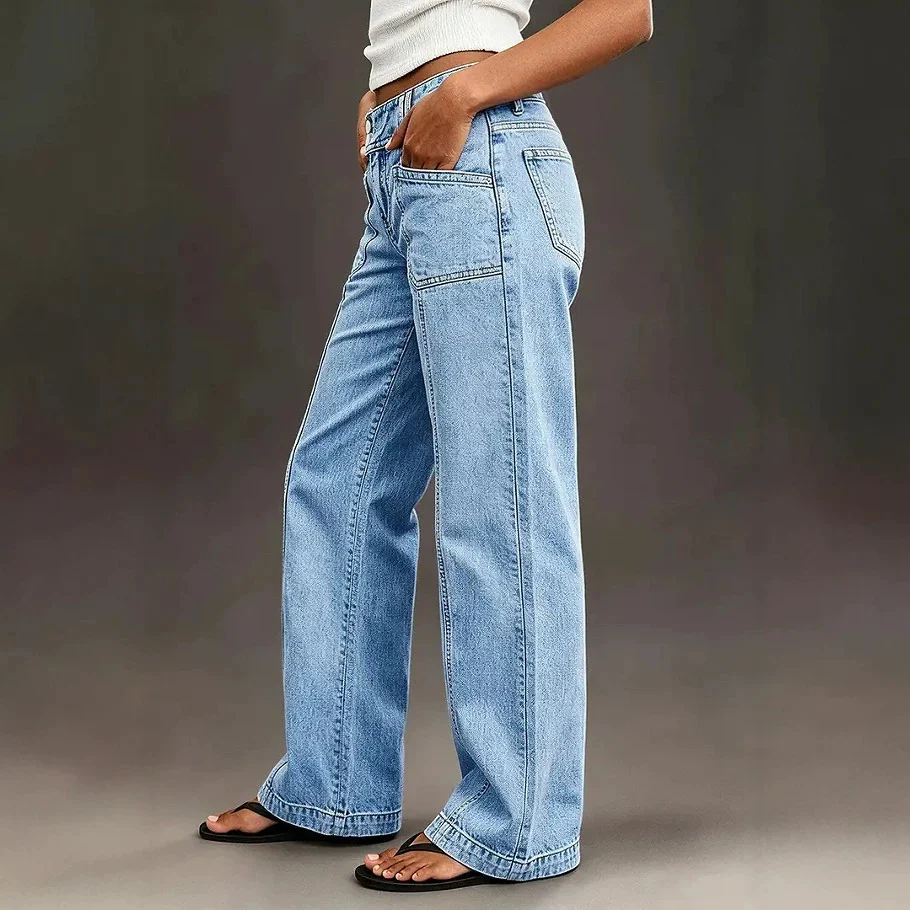 Women's Washed Straight Wide Leg Jeans - imagine 2