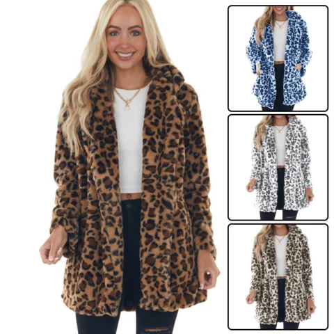 Women's Cross-Border Autumn And Winter Leopard Print Imitation Fur Outwear Women's Fashionable Elegant Side Flap Pocket Pants Loose Fur Outwear