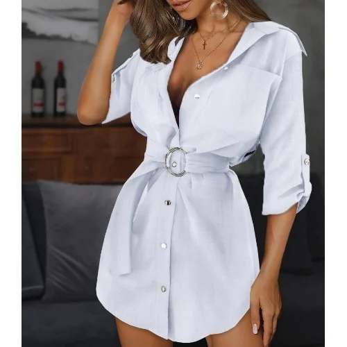 Women's Solid color button sleeve shirt dress - Image 6
