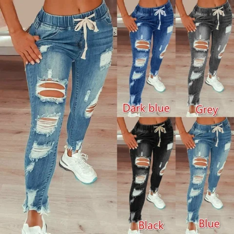 Amazon Cross-Border European And American Style Elastic Waist Women's Jeans High-Waisted Ripped Skinny Lace-Up Pants