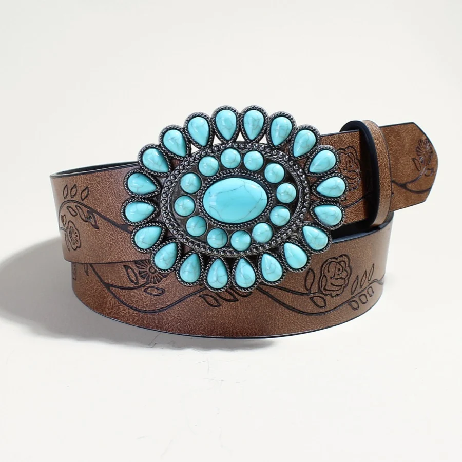 Women's Belts Flow New Rose Pattern Printed Green Pine Beads Alloy Buckle