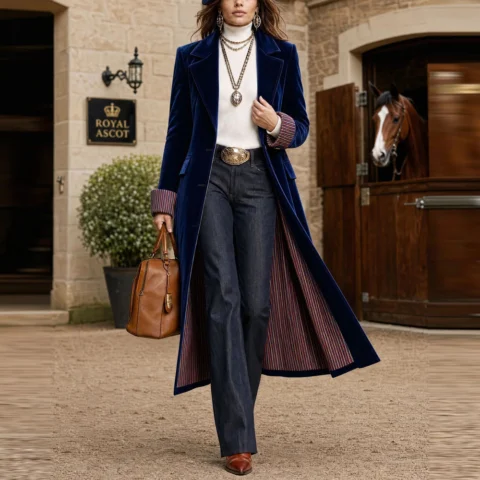 Women's Autumn And Winter Foreign Trade Cross-border Contrast Color Lace Velvet Suit Long Coat Clothing