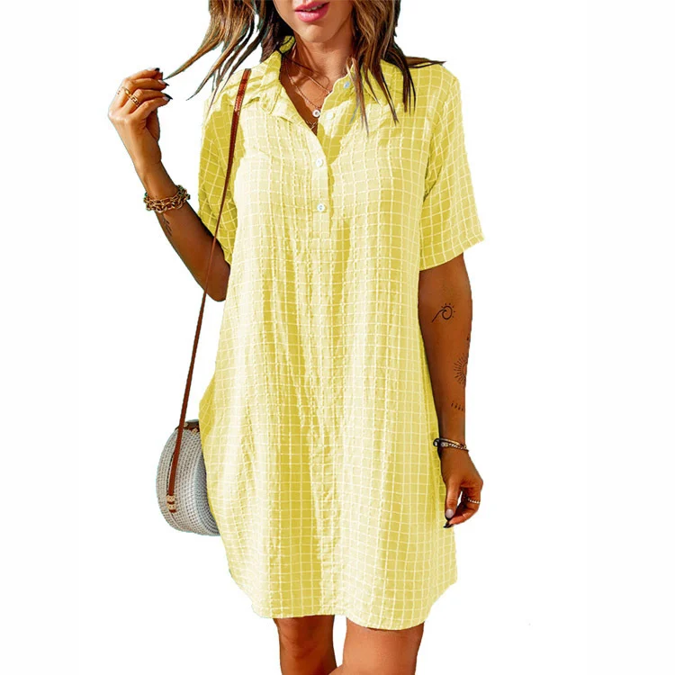 Women's Check Neck Button Short Sleeve Shirt Dress - imagine 2