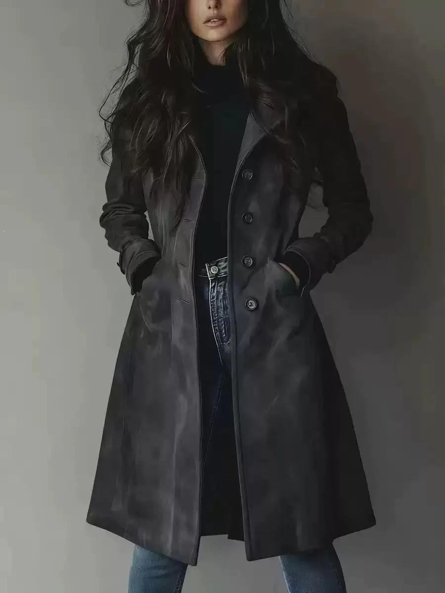 Amazon Cross-border European And American Long-style Lapel Buttoned Waist-cinching Women's Coat - Image 6