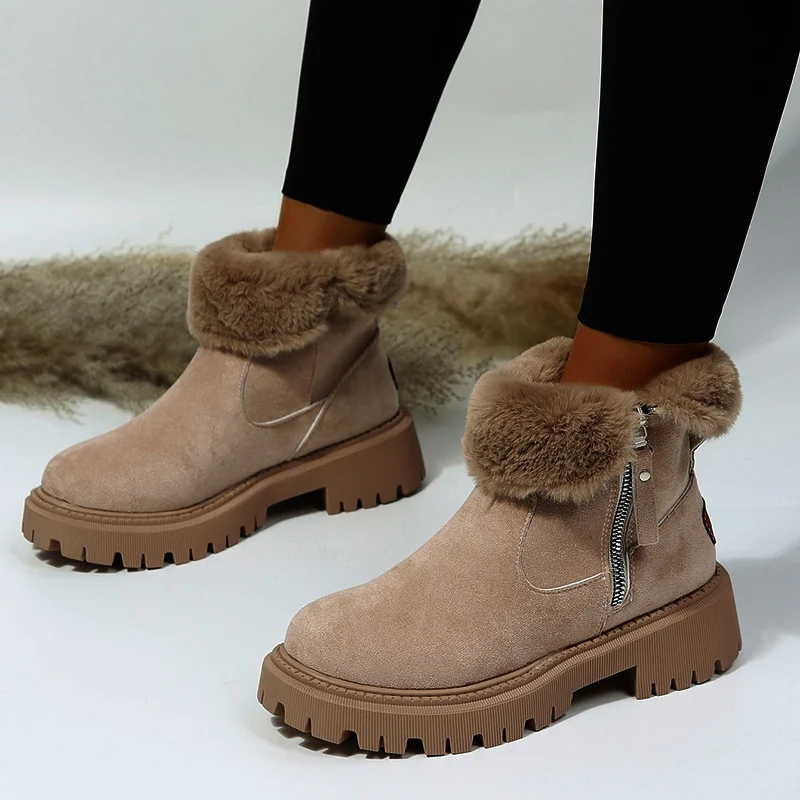 Women's Thick Plush Snow Boots - Faux Suede Non-Slip Winter Shoes - imagine 10