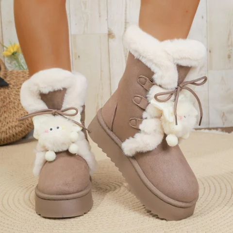 Women's Platform Snow Boots - Winter Lace-Up Thick Fleece-Lined Warm Cotton Boots