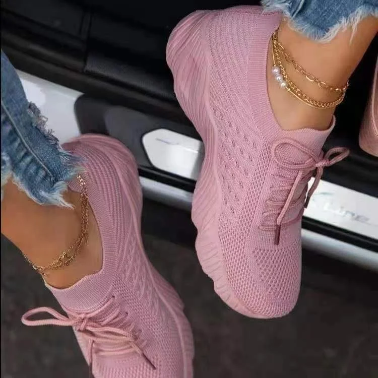 Women's Large Size Platform Solid Color Lace-up Flying Knitted Sneakers Outdoor Walking Shoes - imagine 3
