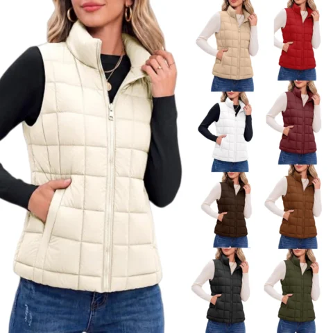 Womens AutumnWinter Quilted Plaid Sleeveless Zippered Cotton Vest With Stand Collar Top