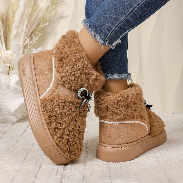 Women's Bow Platform Cotton Slippers - Outdoor Height-Increasing Fleece-Lined Warm Shoes