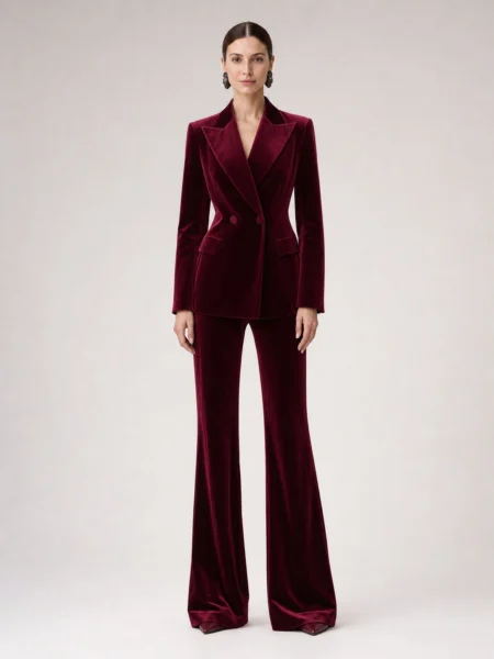 Women's Wine-Burgundy Velvet-Look Suit Set