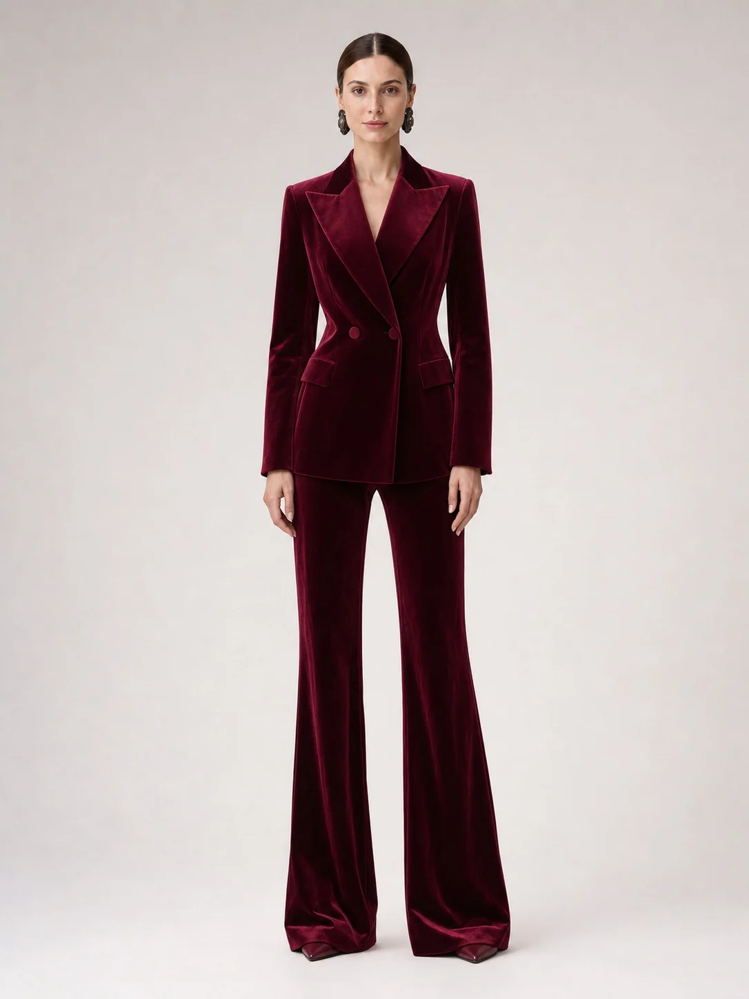 Women's Wine-Burgundy Velvet-Look Suit Set