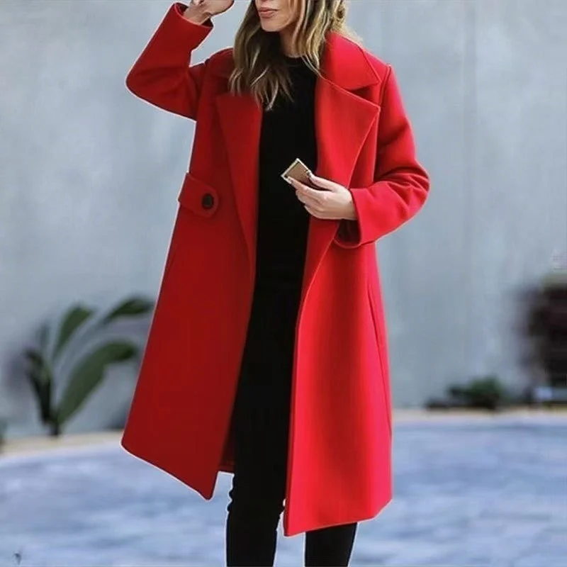 Solid Color Plus Size Coat Woolen Fall Winter Coat Women - imagine 4