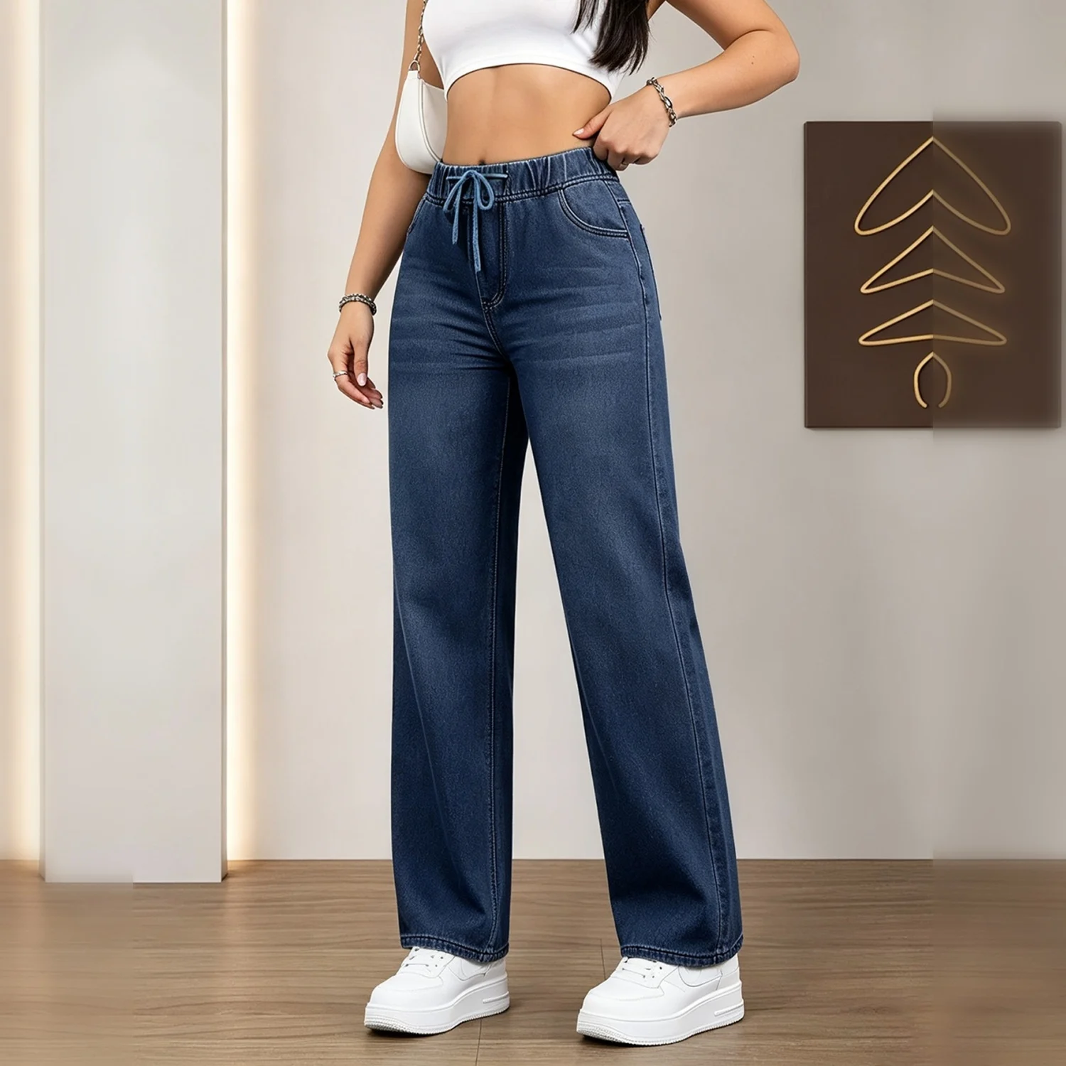 Women's Dark Wash Drawstring Elastic Waist Wide Leg Jeans, Loose Casual Straight Denim Pants With Pockets - Image 4