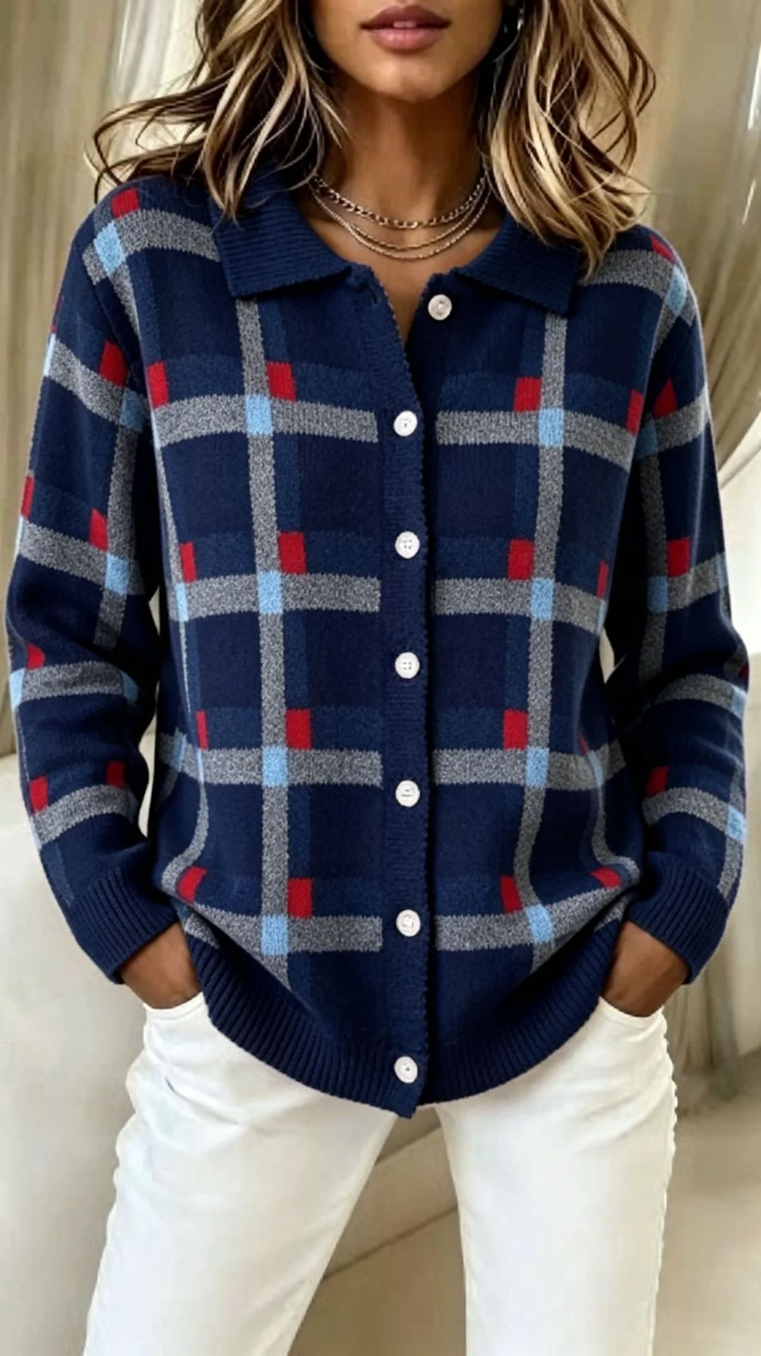 Women's Unique-Line Plaid Long-Sleeve Blouse - Image 8