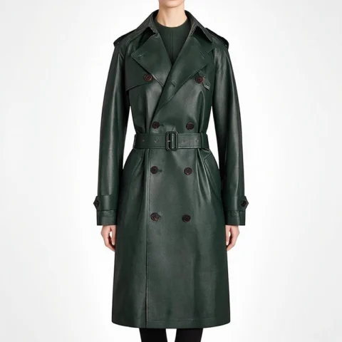Women's Classic Double-Breasted Belted PU Leather Trench Coat