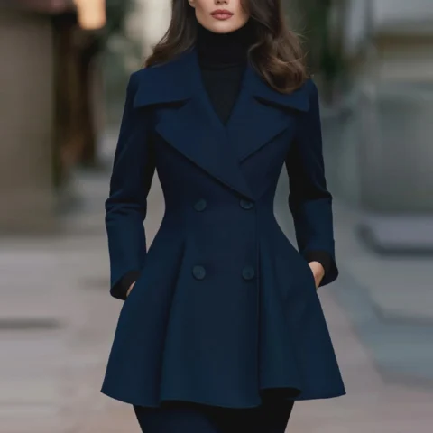 Women's Cross-border Foreign Trade Autumn And Winter New Independent Station Solid Color Lapel Coat Double-breasted Long Sleeve Coat