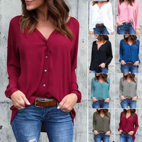 Women's V-neck pleated button chiffon shirt