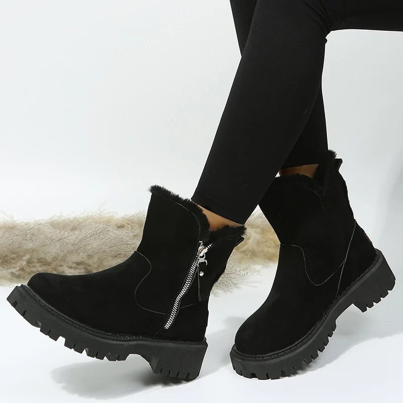 Women's Thick Plush Snow Boots - Faux Suede Non-Slip Winter Shoes - imagine 2