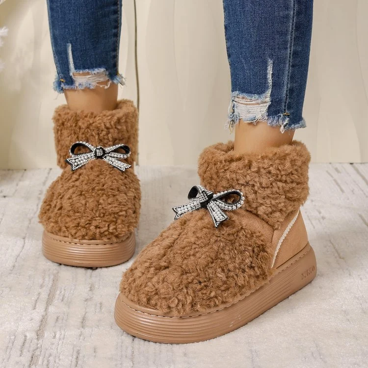 Women's Bow Platform Cotton Slippers - Outdoor Height-Increasing Fleece-Lined Warm Shoes - Image 2