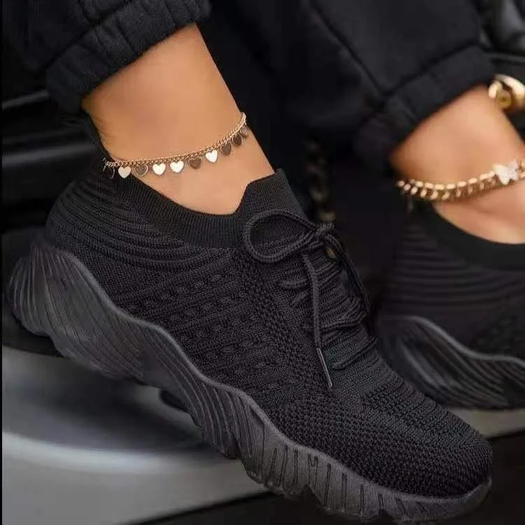 Women's Large Size Platform Solid Color Lace-up Flying Knitted Sneakers Outdoor Walking Shoes - imagine 4