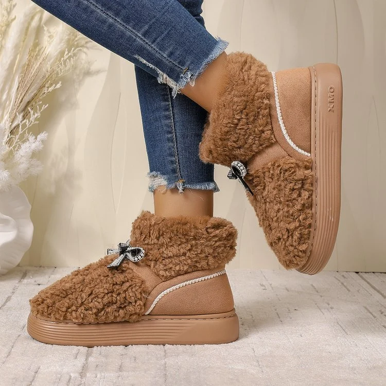 Women's Bow Platform Cotton Slippers - Outdoor Height-Increasing Fleece-Lined Warm Shoes - Image 6