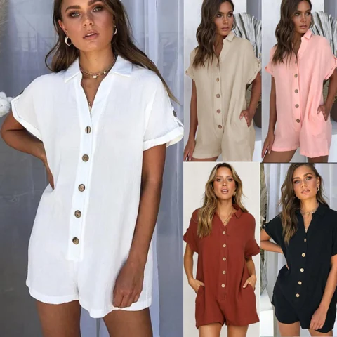 Women's Collar Shirt Button Up Jumpsuit