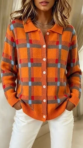 Women's Unique-Line Plaid Long-Sleeve Blouse - Image 3