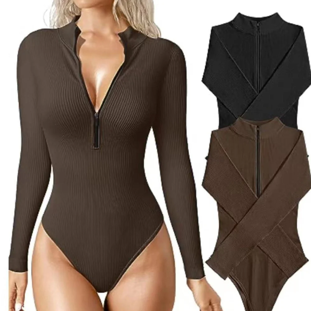 Women's Fashion Long Sleeve Zipper Jumpsuit Seamless Slimming Shapewear Romper - Image 3