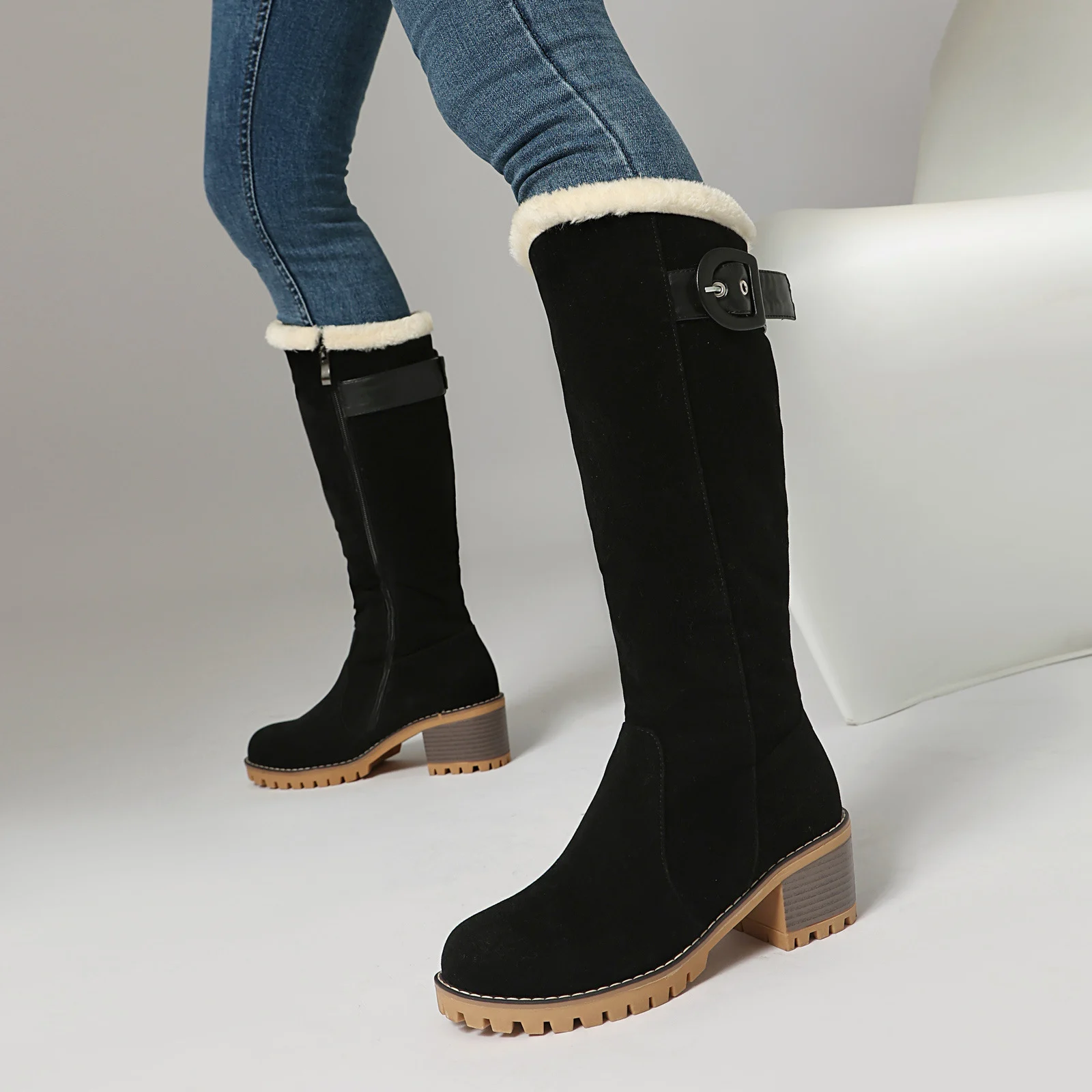 Women's Knee-High Winter Boots - High Wooden Heel & Warm Plush Lining - Image 3