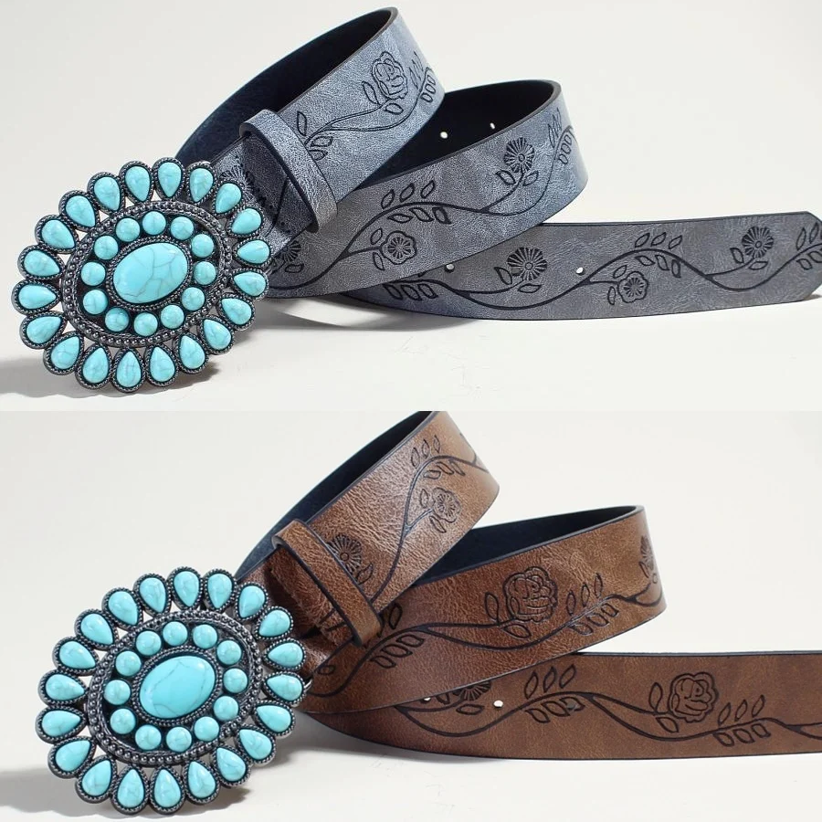 Women's Belts Flow New Rose Pattern Printed Green Pine Beads Alloy Buckle - Image 2
