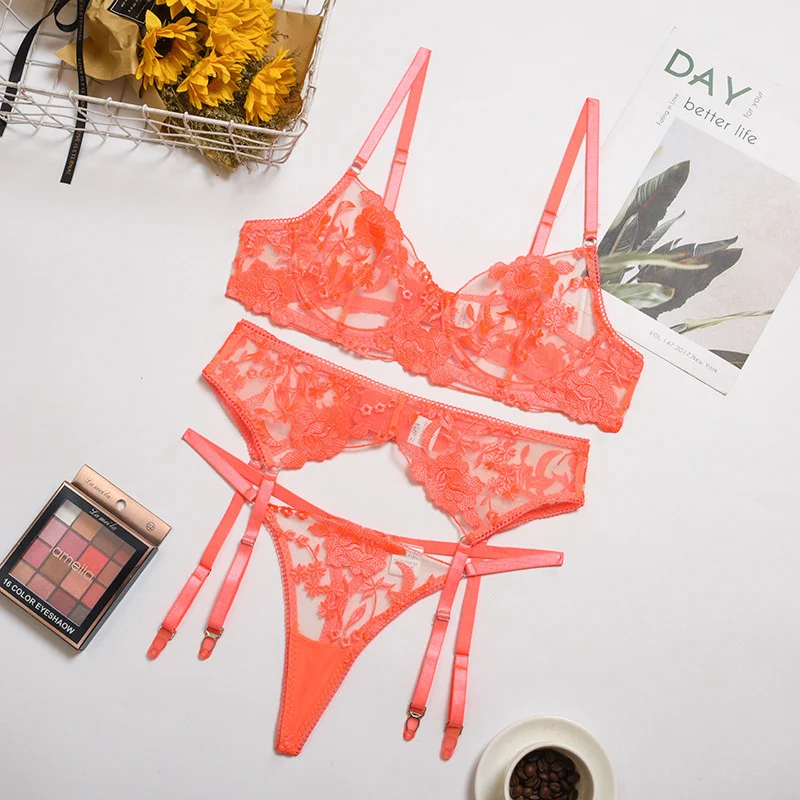 Women's Bra And Panty Set Lace Lingerie 3pcs Cup See Through