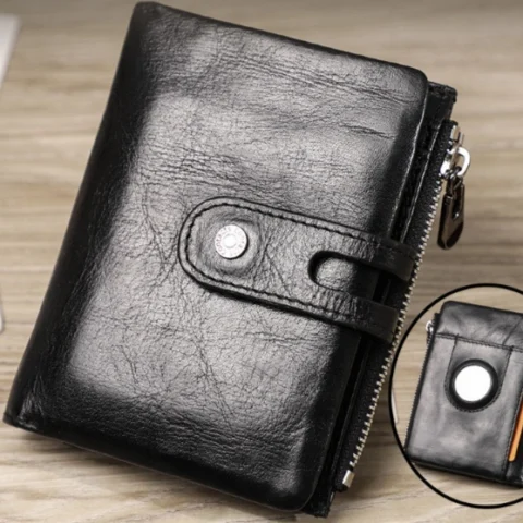 Women's Genuine Leather RFID Blocking Wallet With AirTag Holder