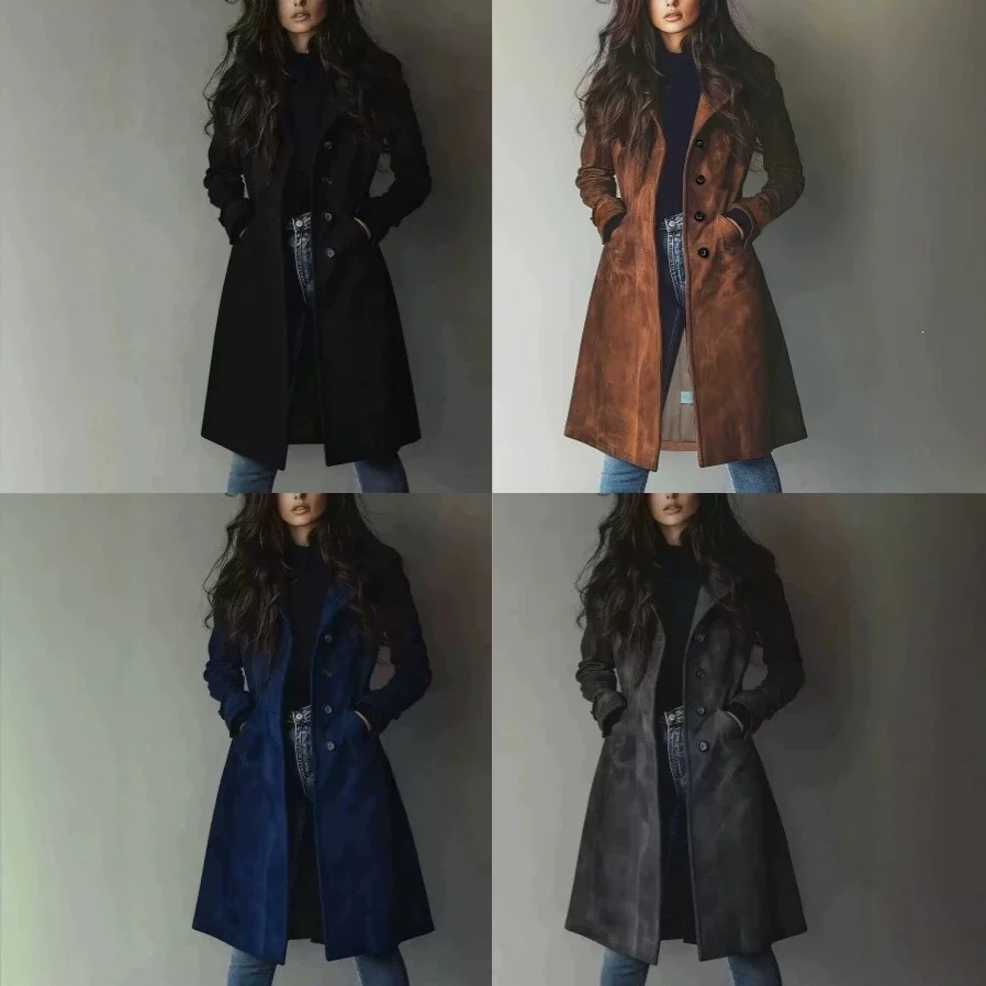 Amazon Cross-border European And American Long-style Lapel Buttoned Waist-cinching Women's Coat - Image 2