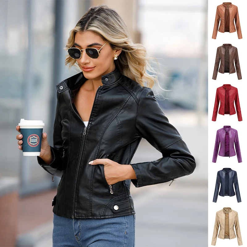Women's Zip-up Leather Jackets Fashion Solid Color Pockets Stand Collar Top Outwear Clothing