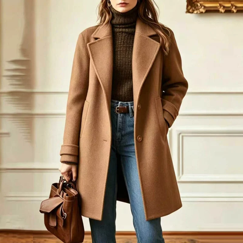 Cross-Border 2026 Autumn And Winter New Retro Casual Style Mid-Length Lapel Coat Women's Woolen Coat - Image 2