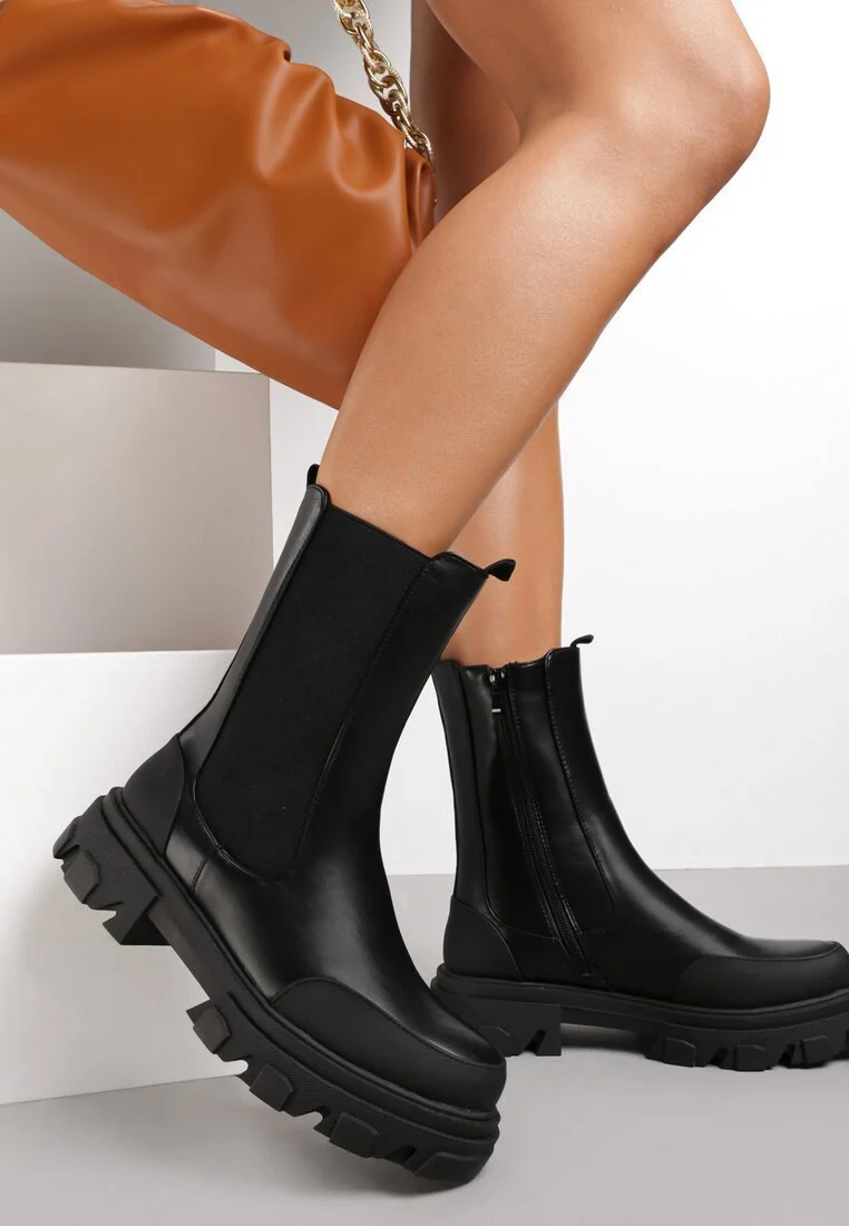 Women's Smoke Tube Boots Stitching Thin Thin Boots, Short Boots Single Boots Mid-tube Thick Bottom - Image 3