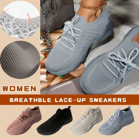 Women's Large Size Platform Solid Color Lace-up Flying Knitted Sneakers Outdoor Walking Shoes