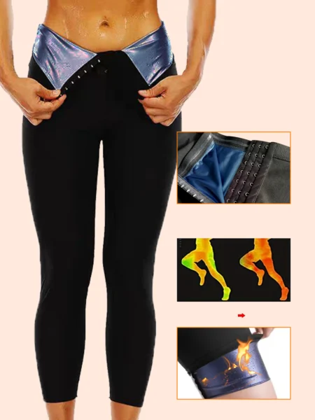 Women's Plus Size Sauna Sweat Leggings, High Waist Silver Coated Workout Pants With Hook & Eye Tummy Control Waist Trainer, Body Shaper Gym Compression Leggings