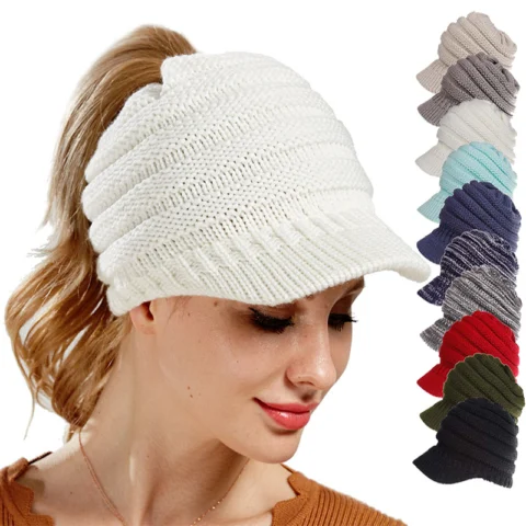 Women's Ponytail Beanies Autumn Winter Hats Female Soft Knitting Caps Warm Ladies Skullies