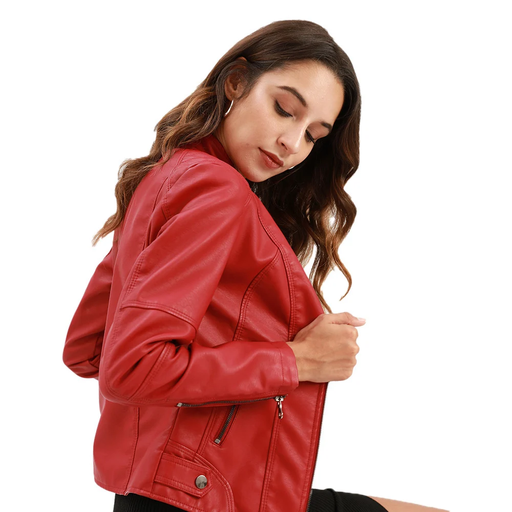 Women's Zip-up Leather Jackets Fashion Solid Color Pockets Stand Collar Top Outwear Clothing - imagine 4