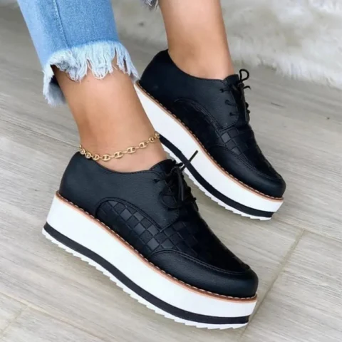 Women's Lace-up Shoes Thick Bottom Checkerboard Design Flats Shoes