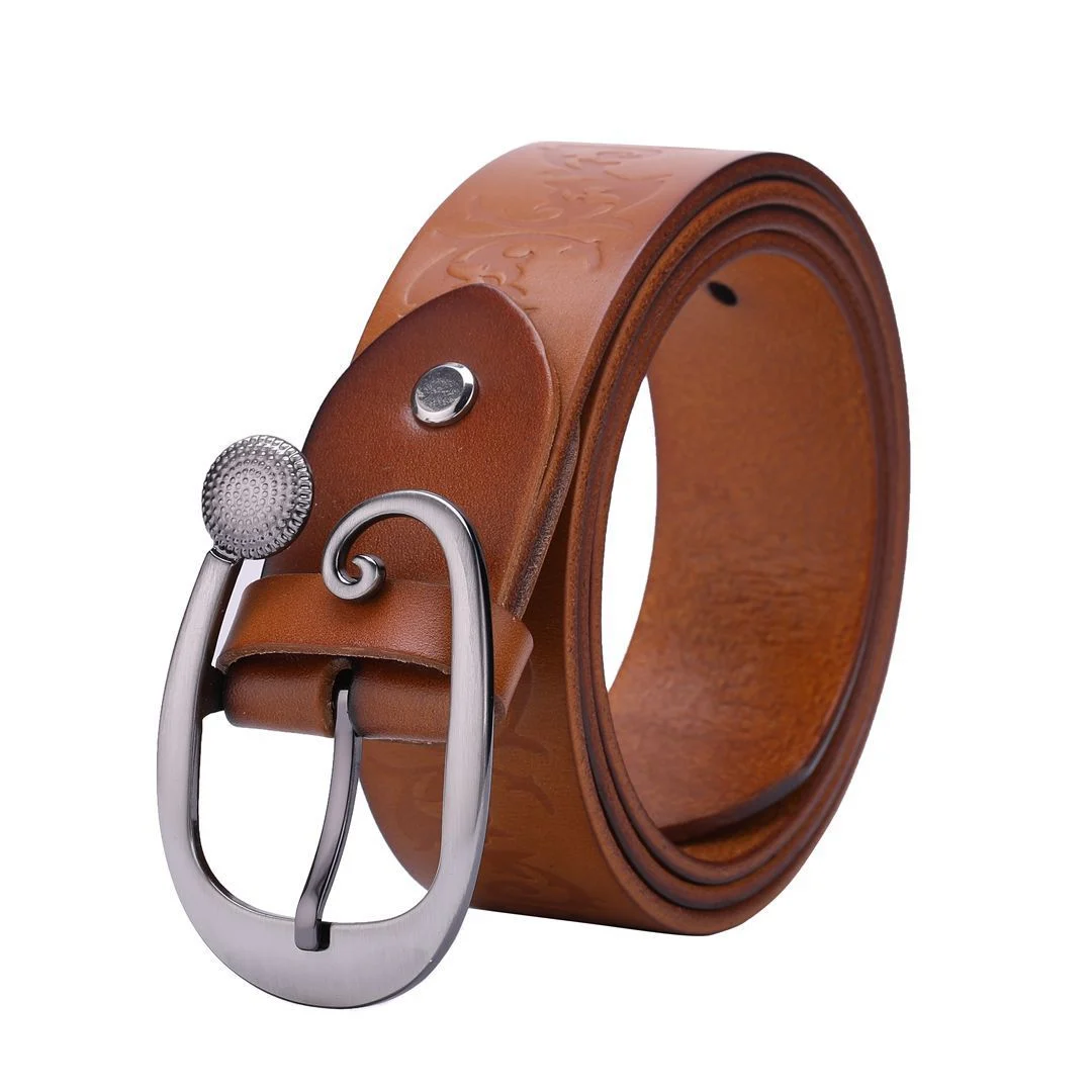 Women's Leather Belt Head Layer Cowhide Embossed Decoration - imagine 2