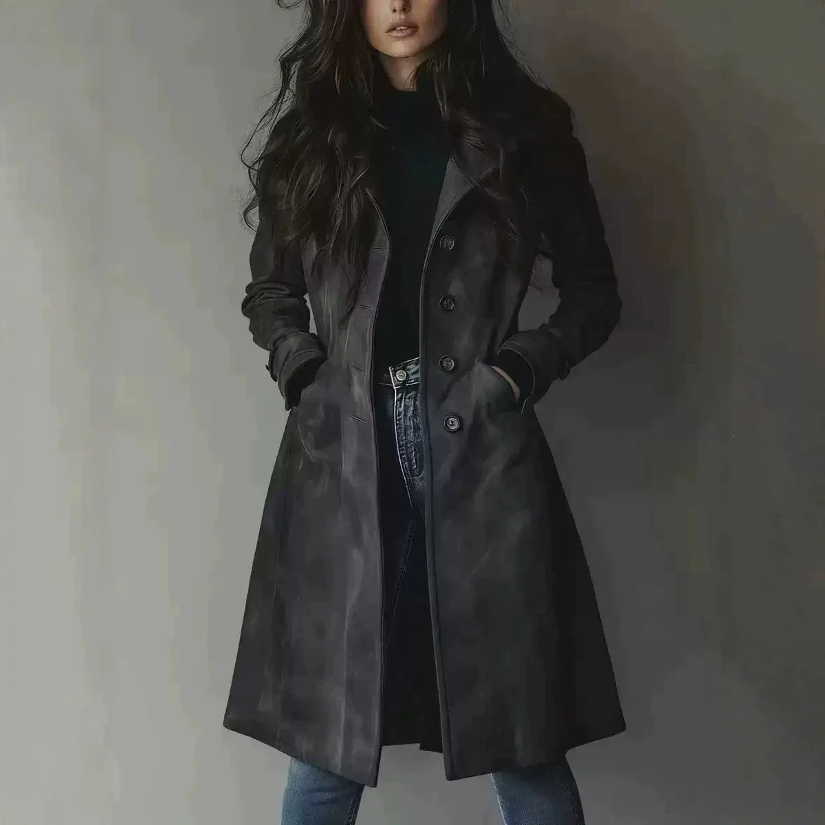 Amazon Cross-border European And American Long-style Lapel Buttoned Waist-cinching Women's Coat - Image 4