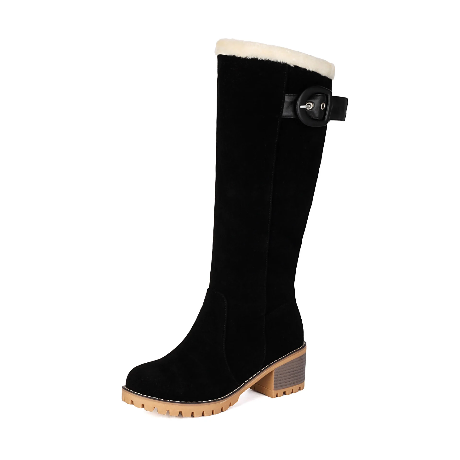 Women's Knee-High Winter Boots - High Wooden Heel & Warm Plush Lining - Image 2