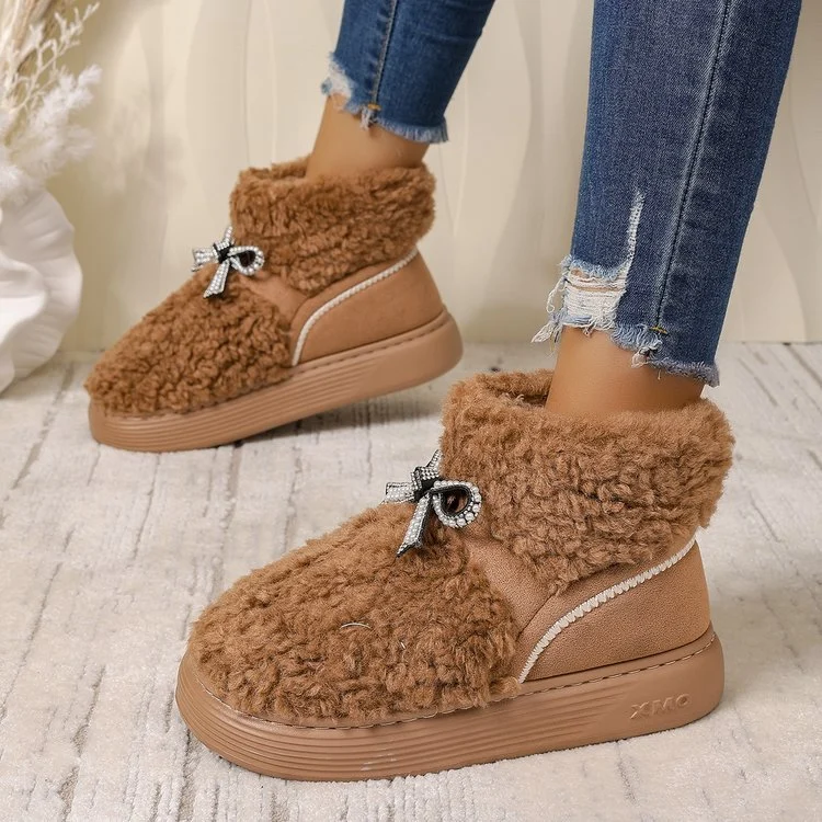 Women's Bow Platform Cotton Slippers - Outdoor Height-Increasing Fleece-Lined Warm Shoes - Image 5