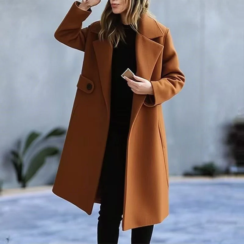 Solid Color Plus Size Coat Woolen Fall Winter Coat Women - imagine 3
