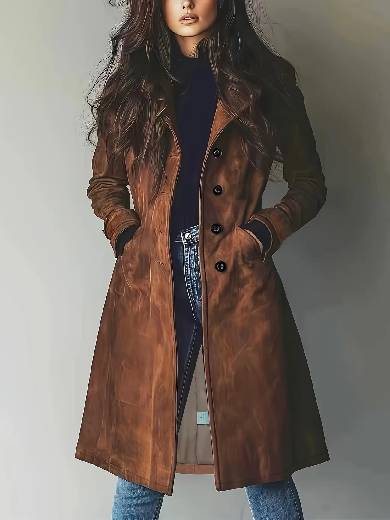 Amazon Cross-border European And American Long-style Lapel Buttoned Waist-cinching Women's Coat - Image 9